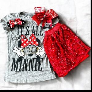 Disney Minnie Mouse Gray Tee with Red Sequin Skirt and hair bows cheer bows M/L